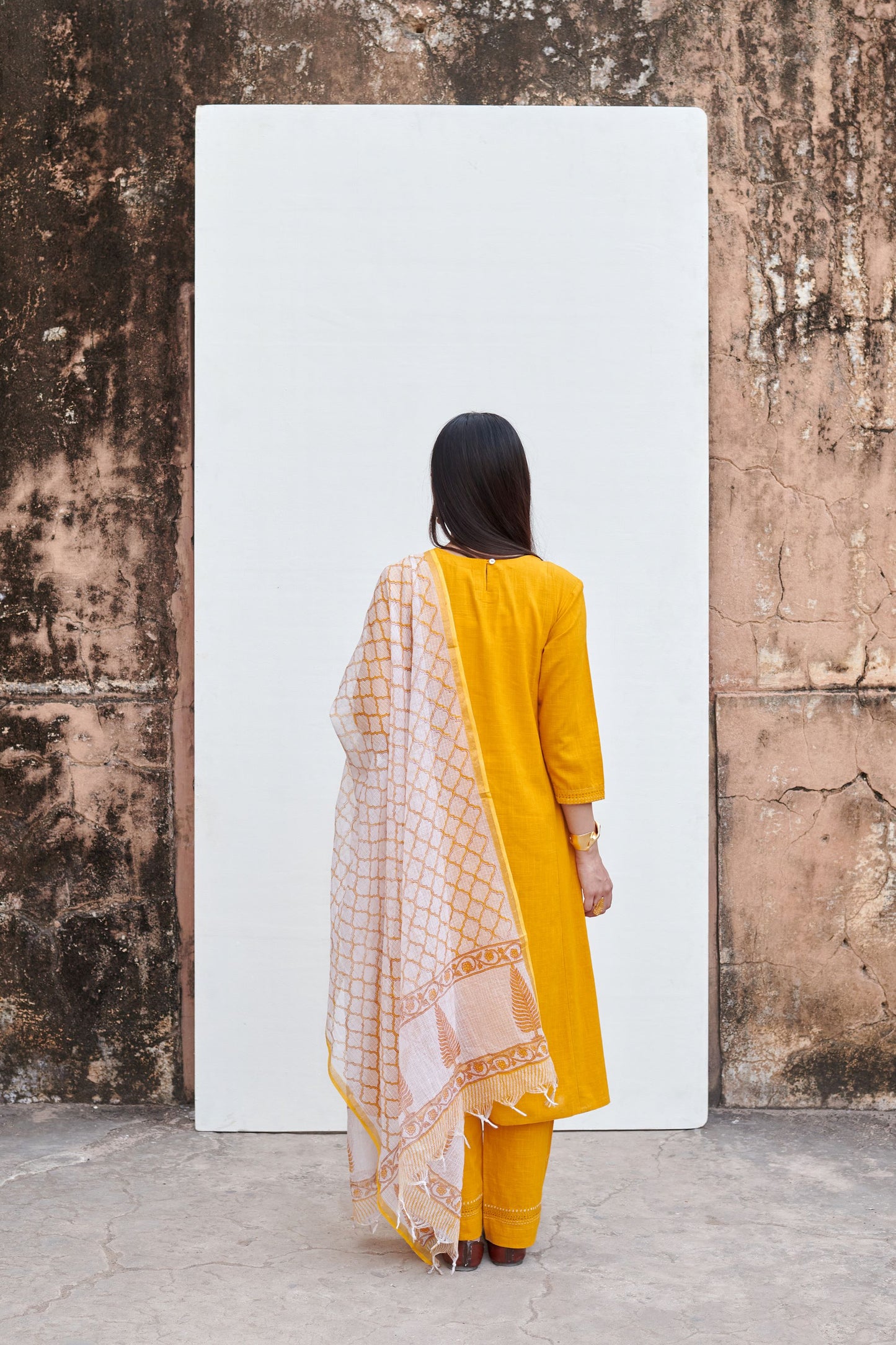 Mustard Yellow Cotton Slub Round Neck Kurta Pant Set For Women's