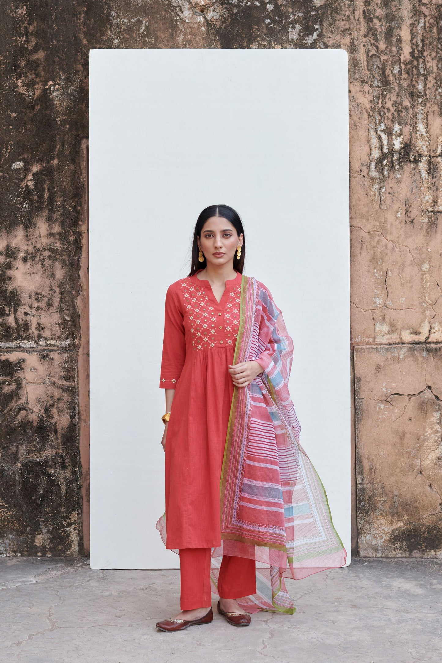 Light Coral Cotton Kurta Slub Pant Set For Women's