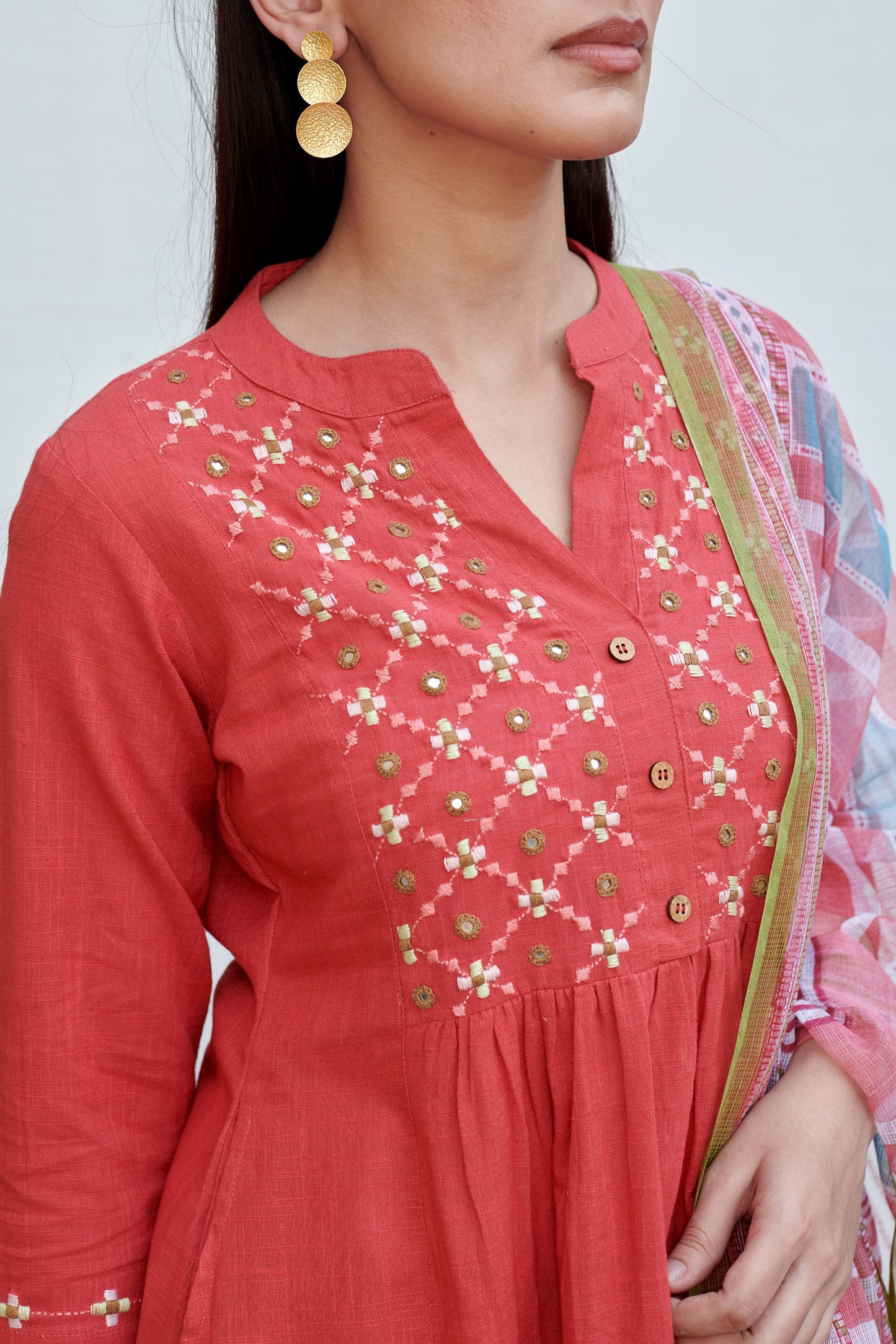 Light Coral Cotton Kurta Slub Pant Set For Women's