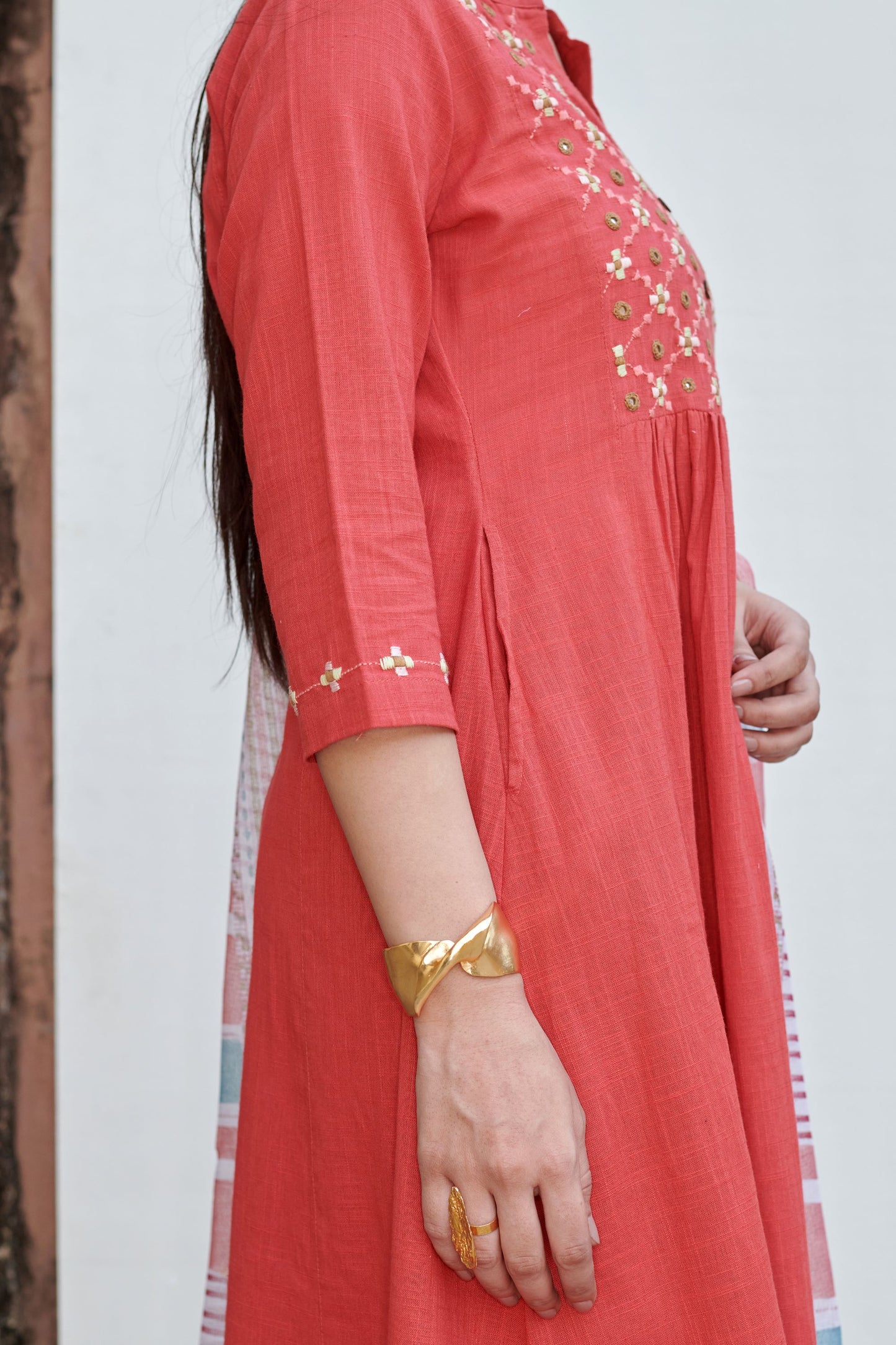 Light Coral Cotton Kurta Slub Pant Set For Women's