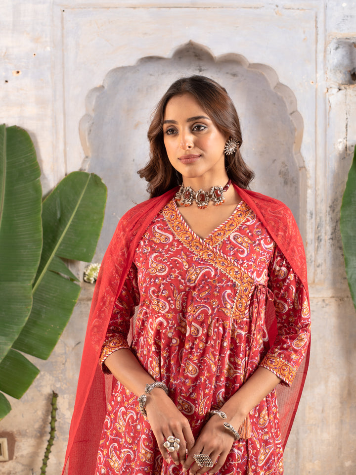 Red Cotton Angrakha Design Kurta Dupatta Set For Women's