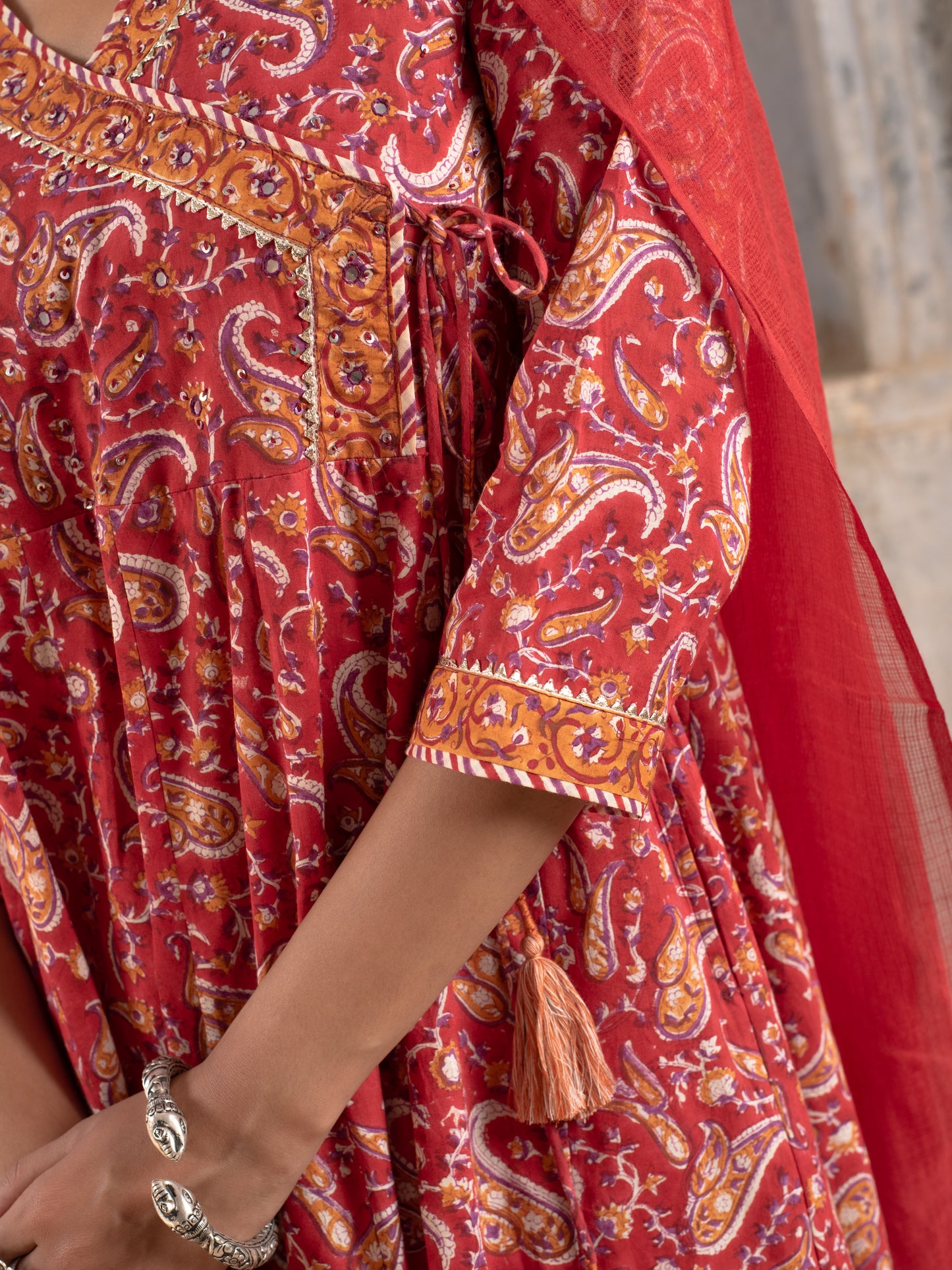 Red Cotton Angrakha Design Kurta Dupatta Set For Women's