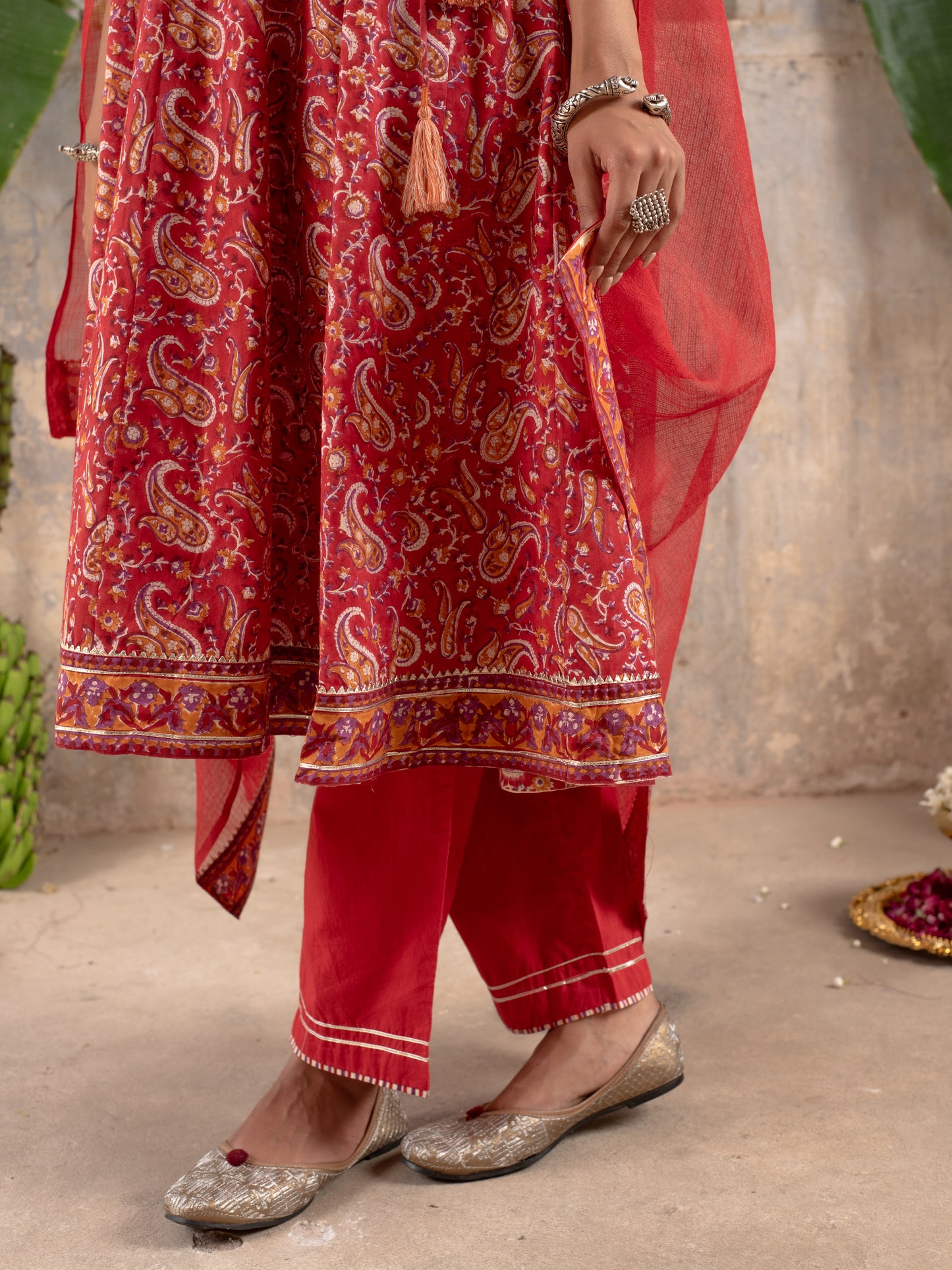Red Cotton Angrakha Design Kurta Dupatta Set For Women's