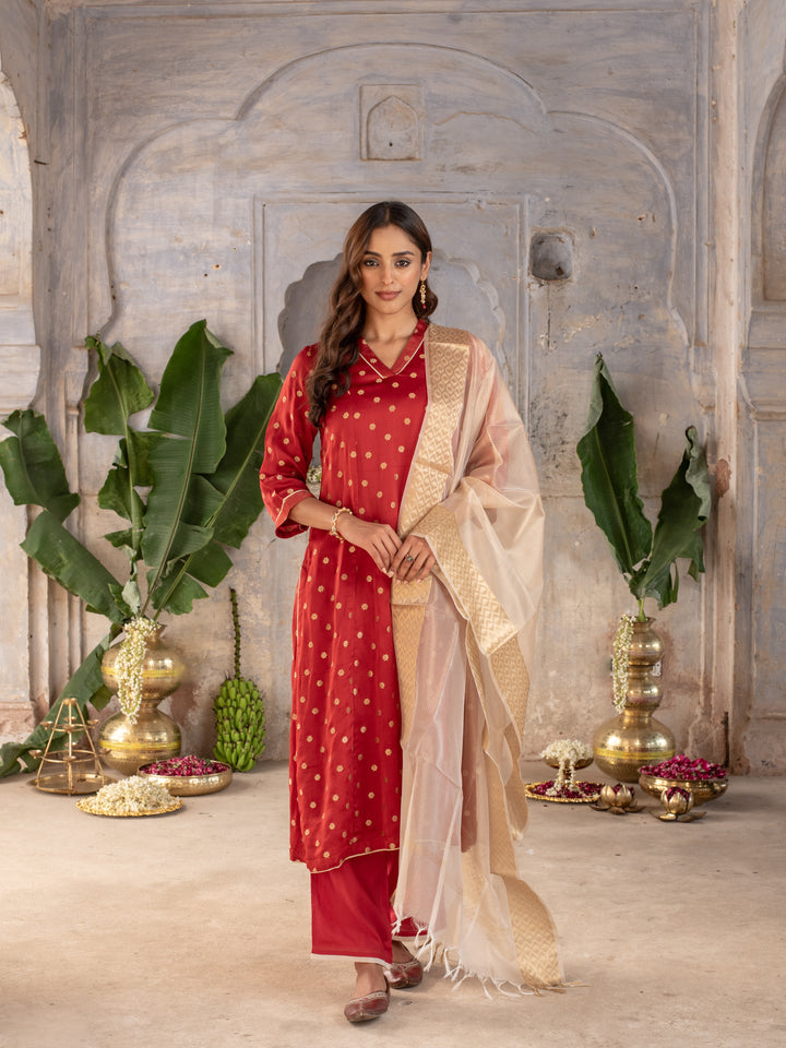 Maroon kurta-Organza Satin Zari, Lower-Muslin V-Neck Kurta Pant Foe Women's
