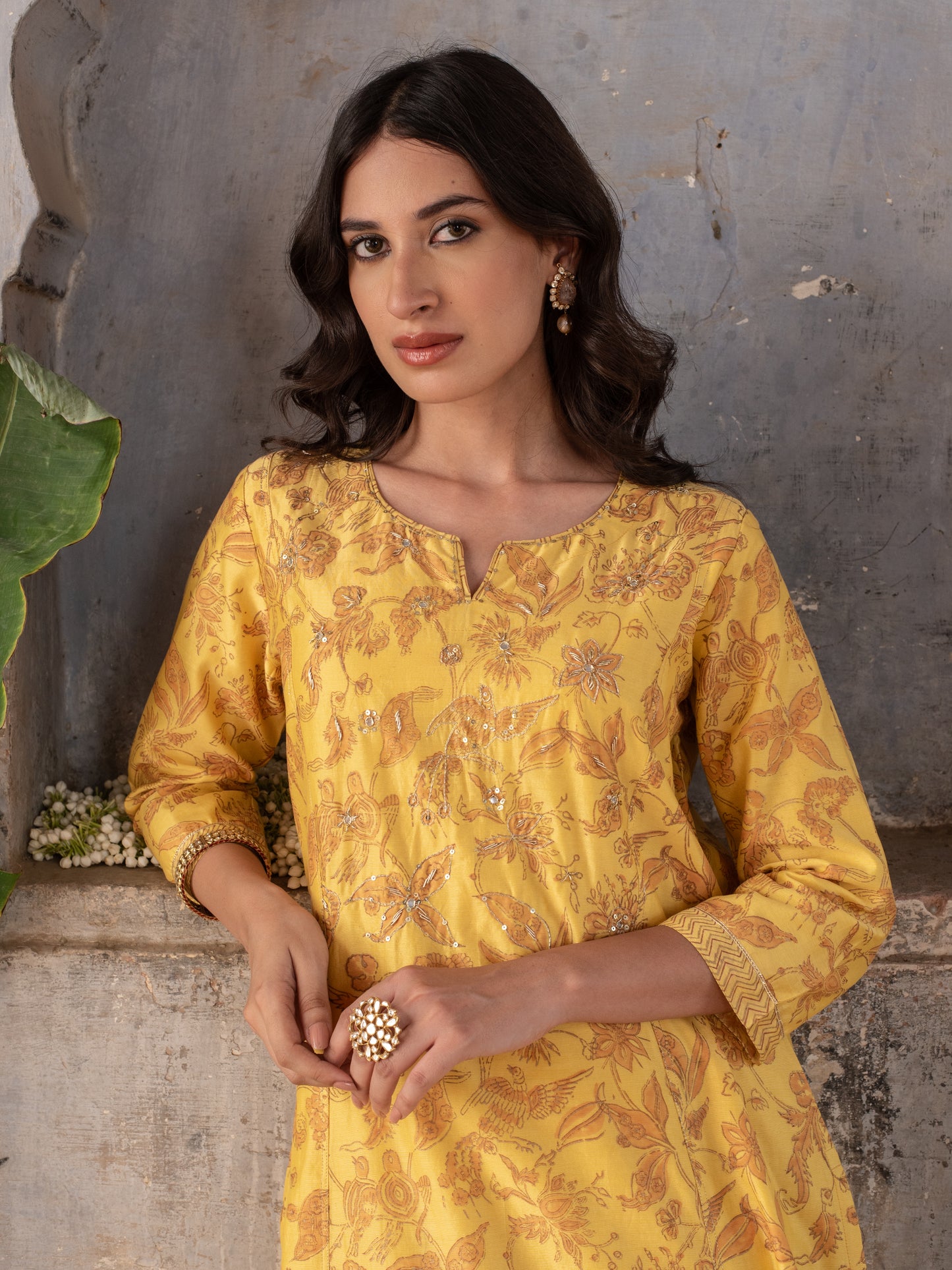 GOLDEN MUSTERD MODAL SILK ROUND NECK HAND ZARI WORK KURTA PANT FOR WOMEN'S