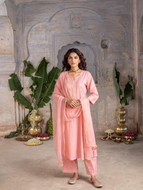 Baby pink cotton lurex round neck with kota doriya full set