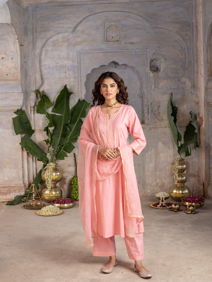 Baby pink cotton lurex round neck with kota doriya full set