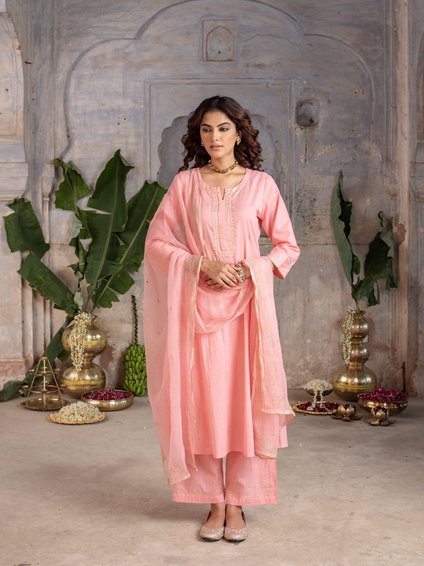 Baby pink cotton lurex round neck with kota doriya full set