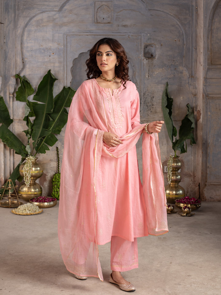 Baby pink cotton lurex round neck with kota doriya full set