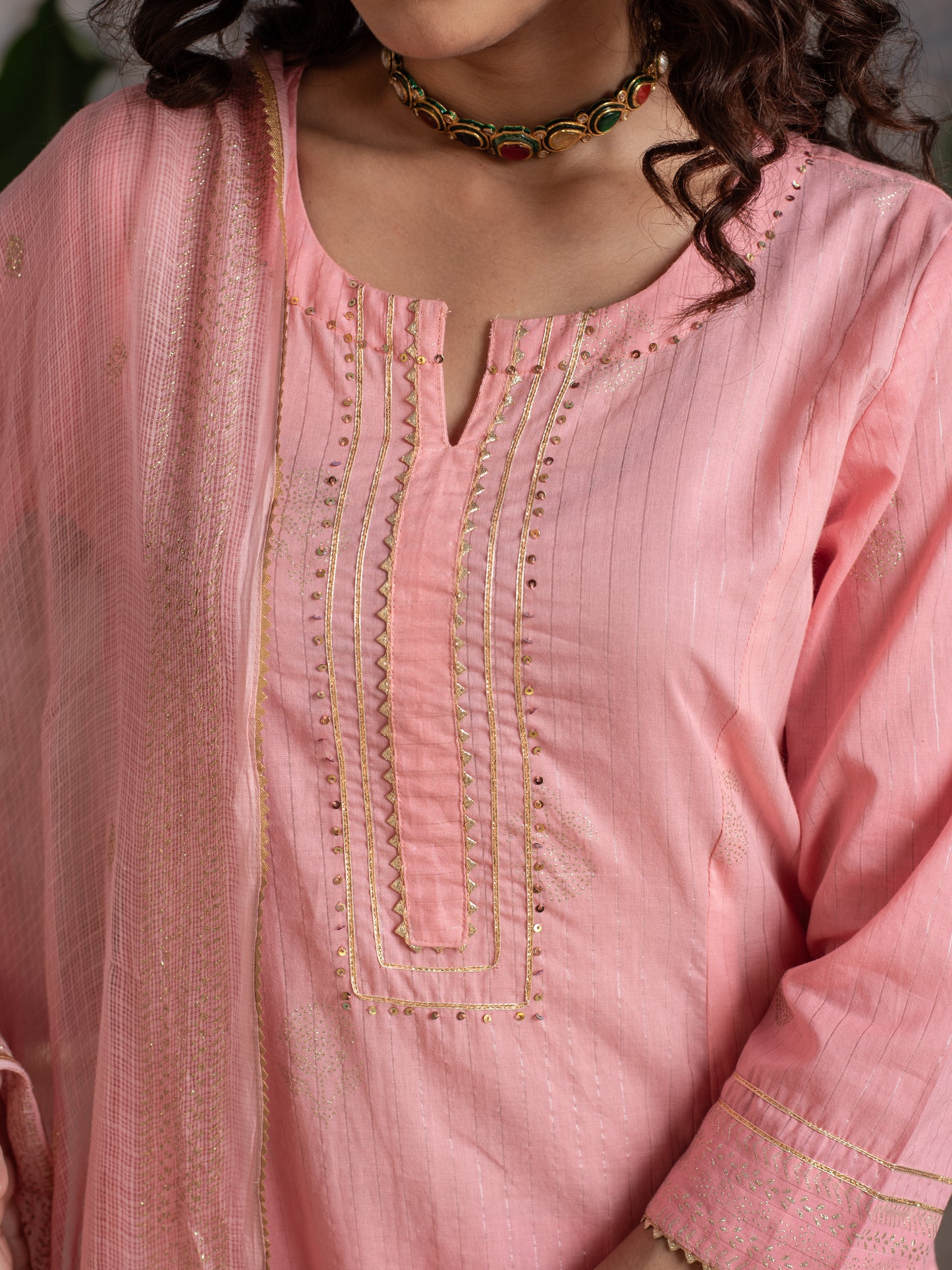 Baby pink cotton lurex round neck with kota doriya full set