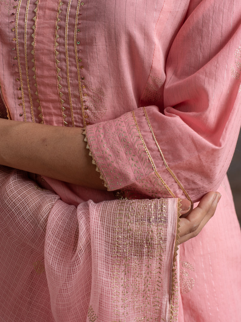 Baby pink cotton lurex round neck with kota doriya full set