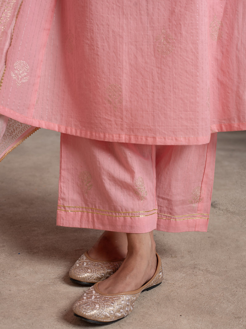 Baby pink cotton lurex round neck with kota doriya full set