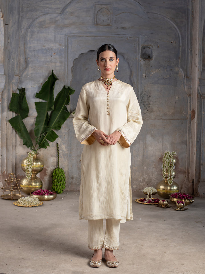 Gold Shimmer Tissue Collar Neck Highlighted With Buttons Kurta Pant for Women's