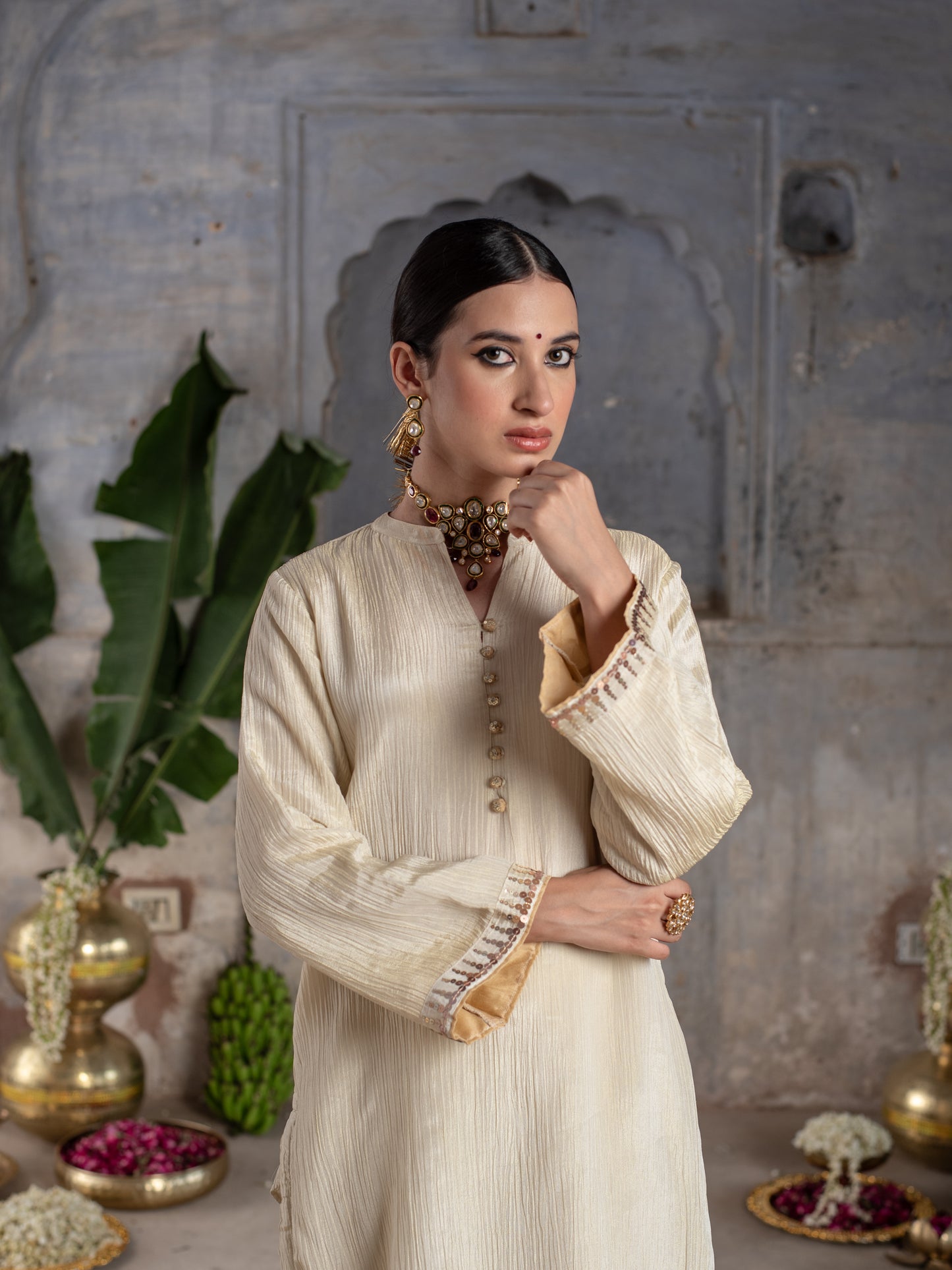 Gold Shimmer Tissue Collar Neck Highlighted With Buttons Kurta Pant for Women's