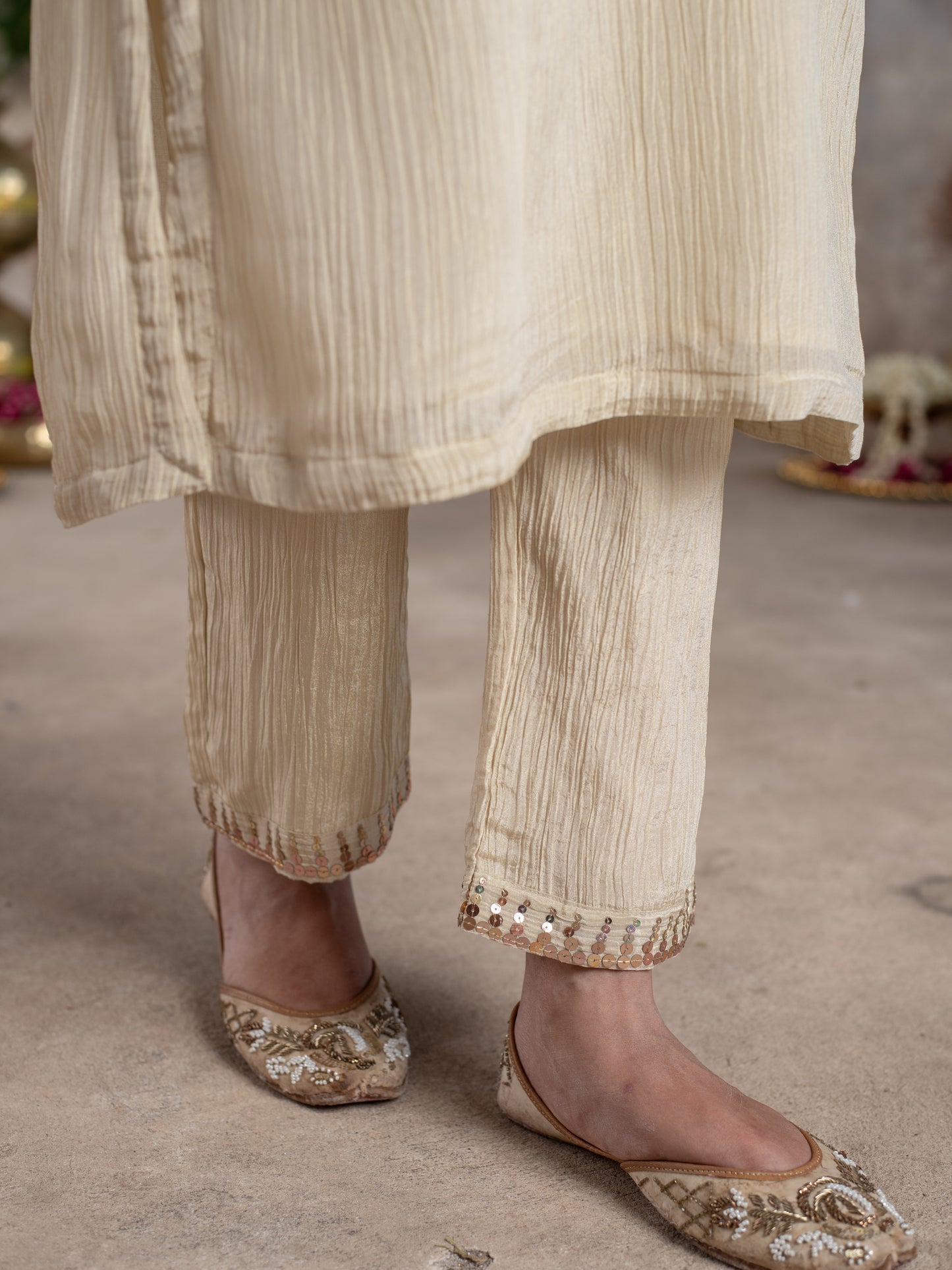 Gold Shimmer Tissue Collar Neck Highlighted With Buttons Kurta Pant for Women's