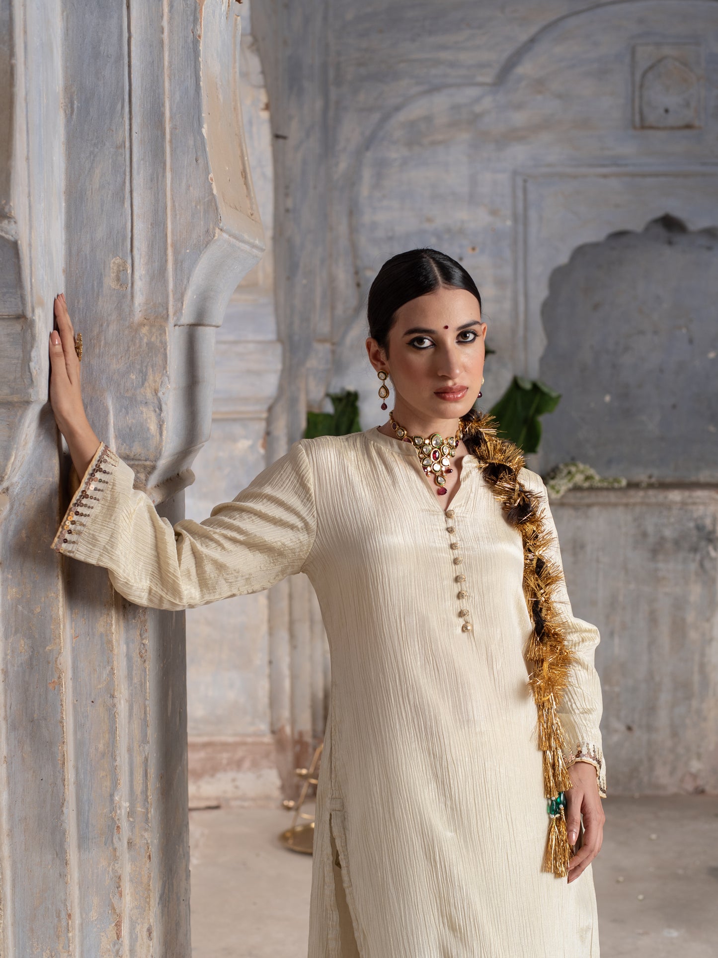 Gold Shimmer Tissue Collar Neck Highlighted With Buttons Kurta Pant for Women's