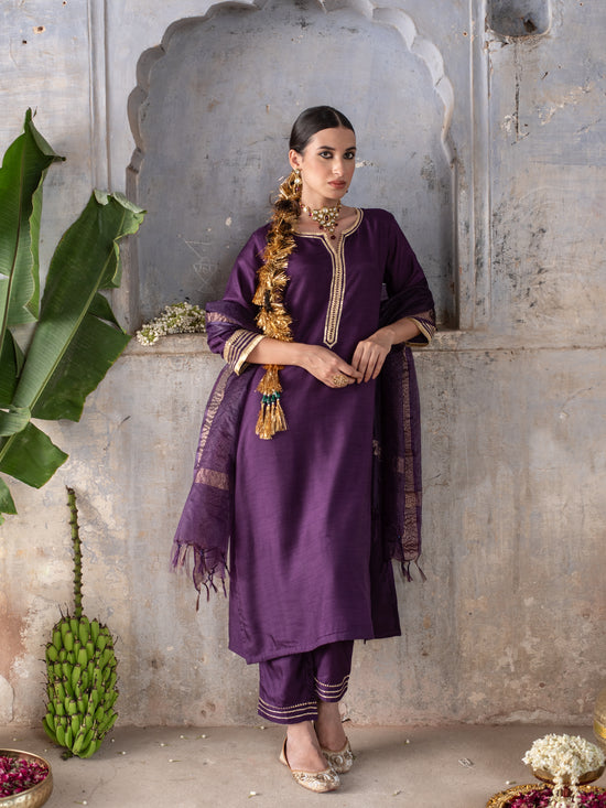 Deep Purple Silk Complete Suit Set For Women's