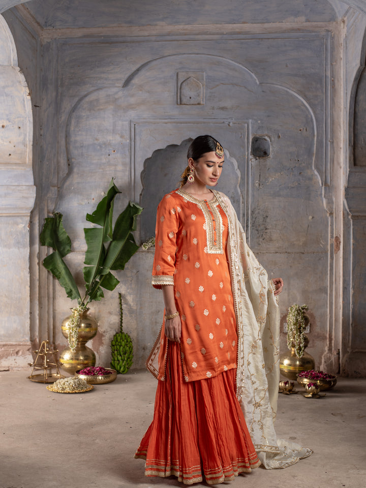 FANTA ORANGE JAQUARD SATIN ROUND NECK WITH GOTA PATTI FULL SET