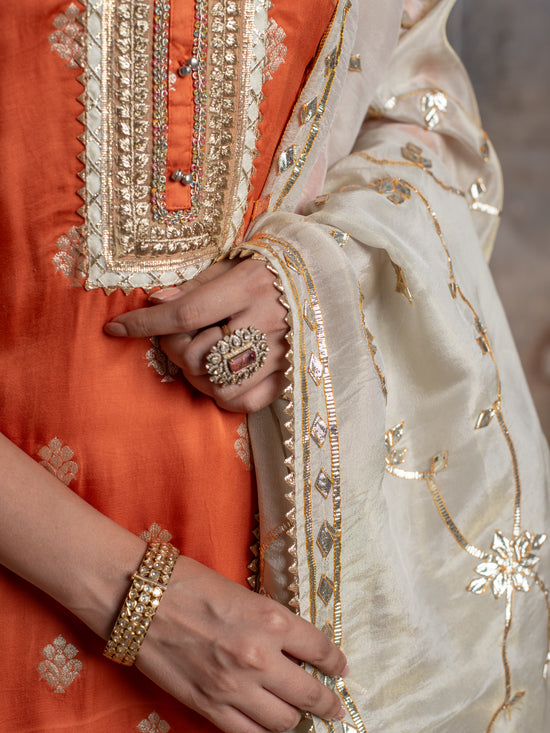 FANTA ORANGE JAQUARD SATIN ROUND NECK WITH GOTA PATTI FULL SET
