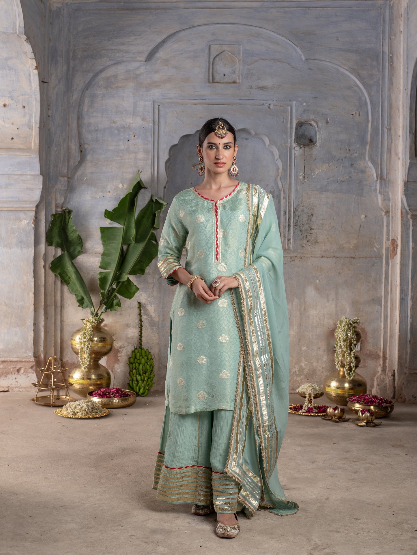 MATALLC LIGHT SEA GREEN SKIRT & DUPATTA ALL OVER GOTA FULL SET
