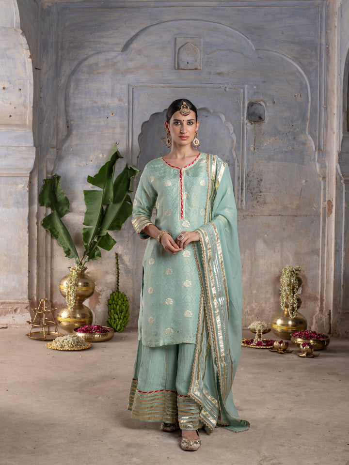 MATALLC LIGHT SEA GREEN SKIRT & DUPATTA ALL OVER GOTA FULL SET