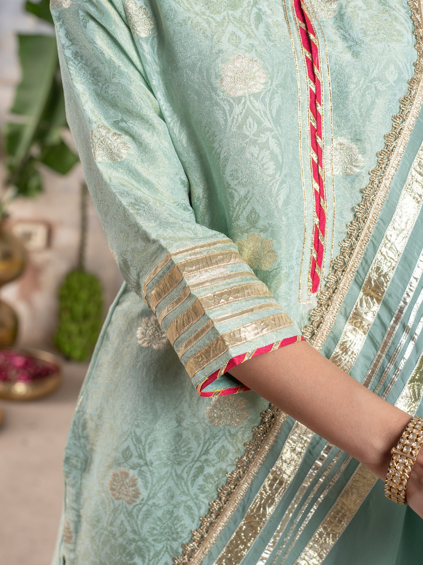 MATALLC LIGHT SEA GREEN SKIRT & DUPATTA ALL OVER GOTA FULL SET