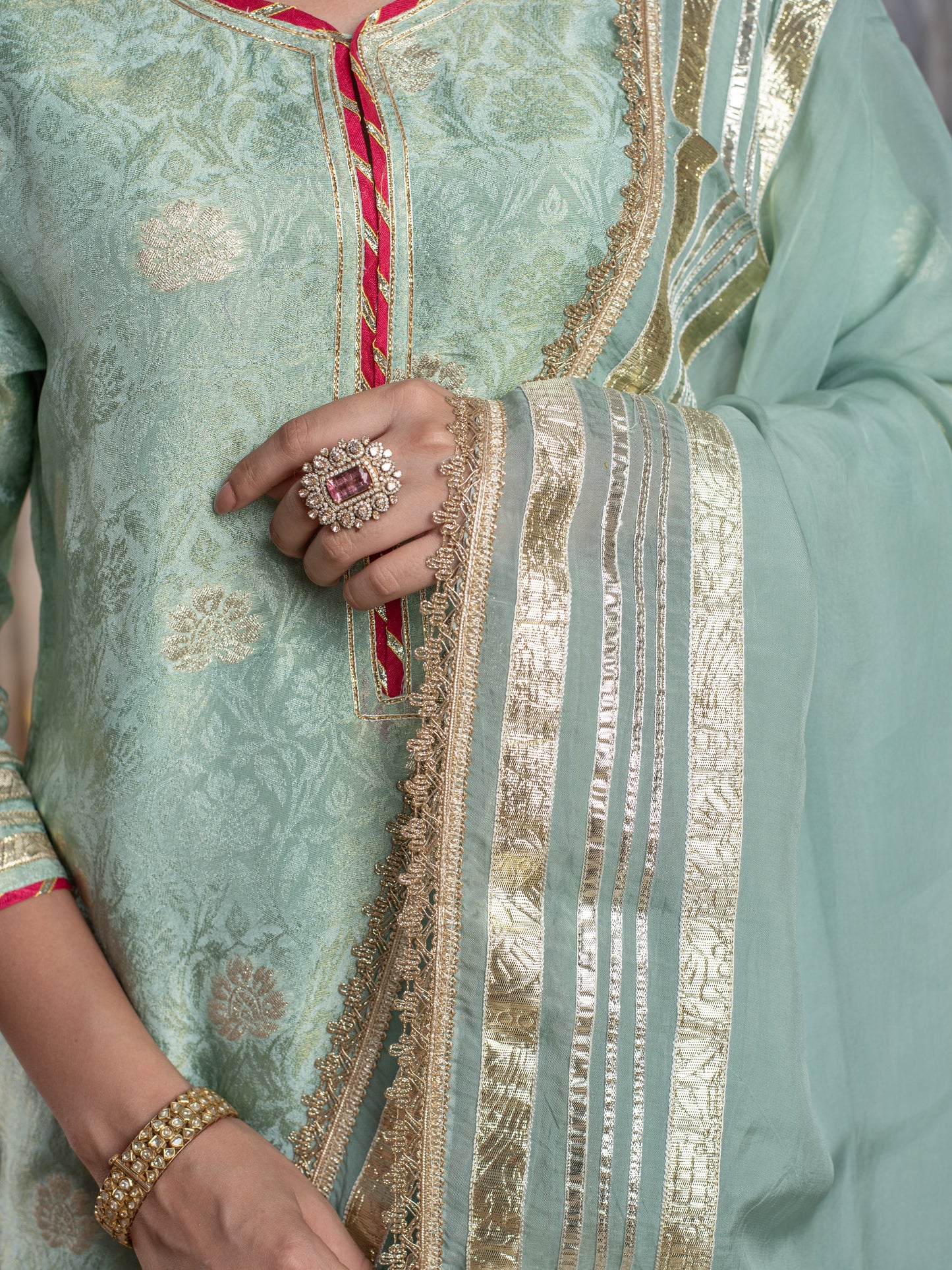 MATALLC LIGHT SEA GREEN SKIRT & DUPATTA ALL OVER GOTA FULL SET