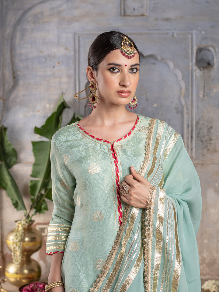 MATALLC LIGHT SEA GREEN SKIRT & DUPATTA ALL OVER GOTA FULL SET