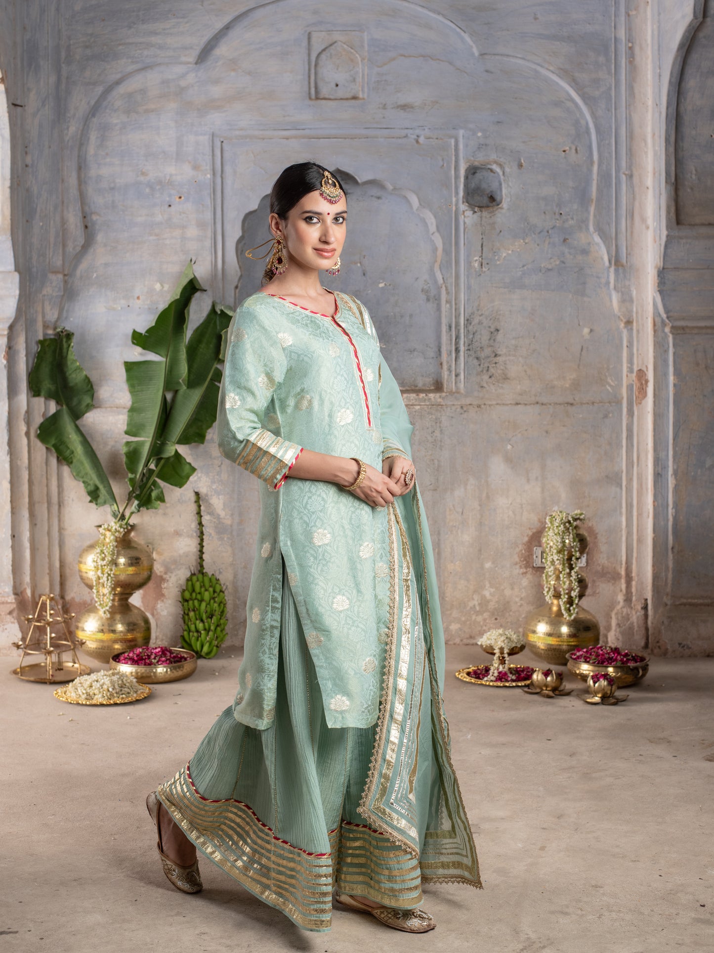 MATALLC LIGHT SEA GREEN SKIRT & DUPATTA ALL OVER GOTA FULL SET