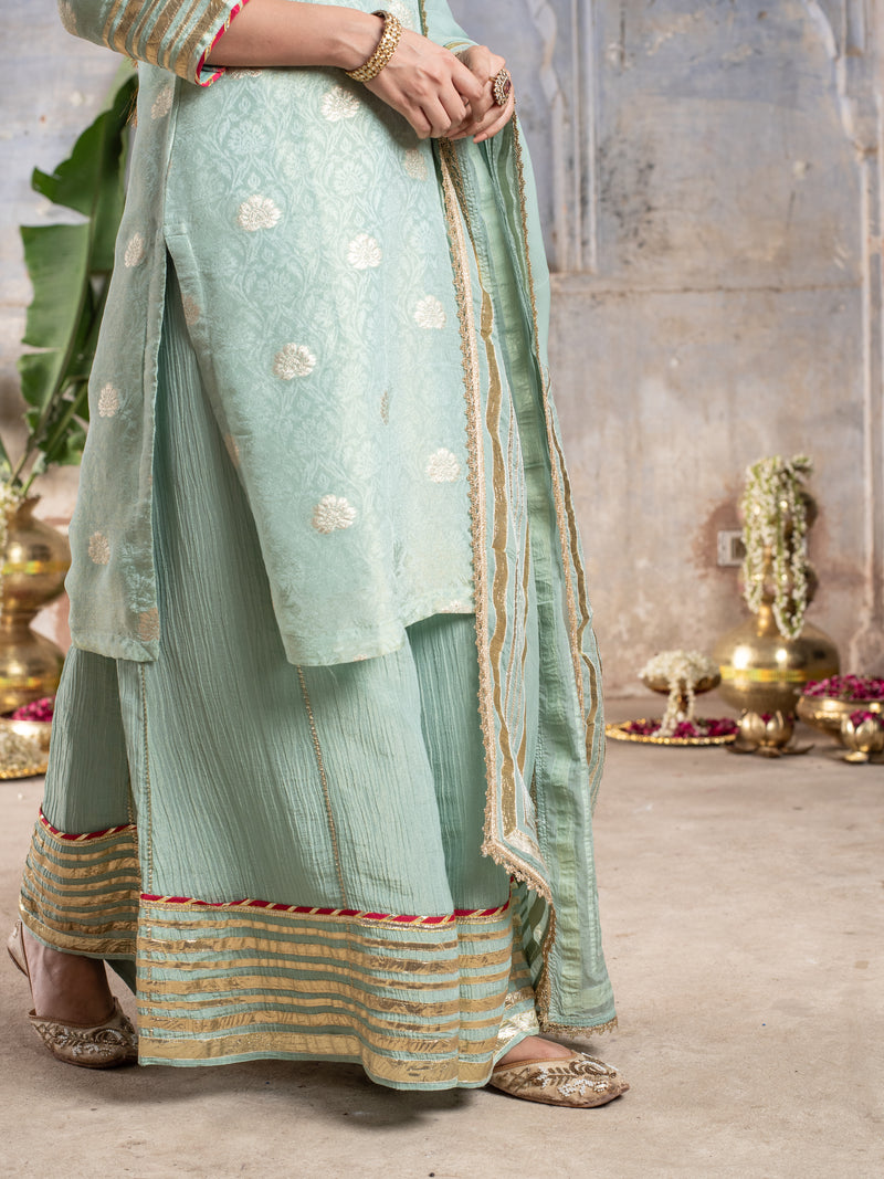 MATALLC LIGHT SEA GREEN SKIRT & DUPATTA  ALL OVER GOTA FULL SET