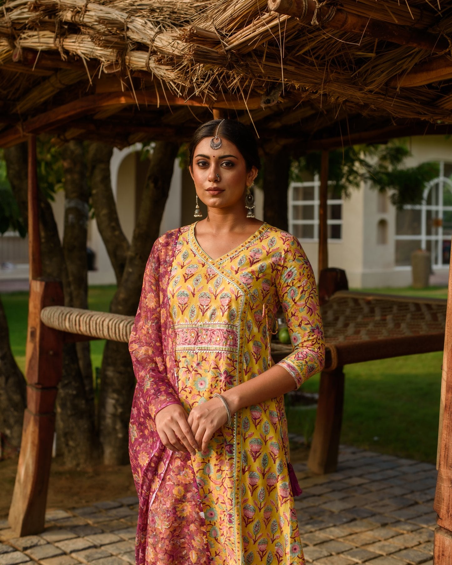 Yellow A-Line Kurta Dupatta Set For Women's