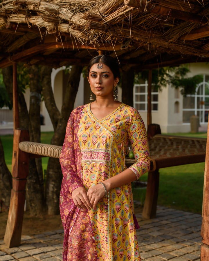 Yellow A-Line Kurta Dupatta Set For Women's