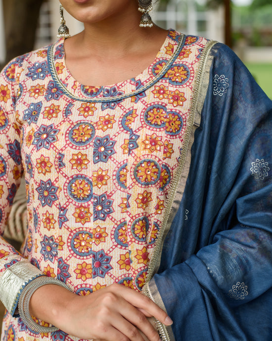 Blue Cotton Round neck  Kurta Pant Set with Dupatta