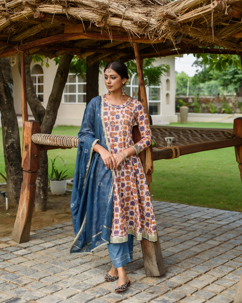 Blue Cotton Round neck  Kurta Pant Set with Dupatta