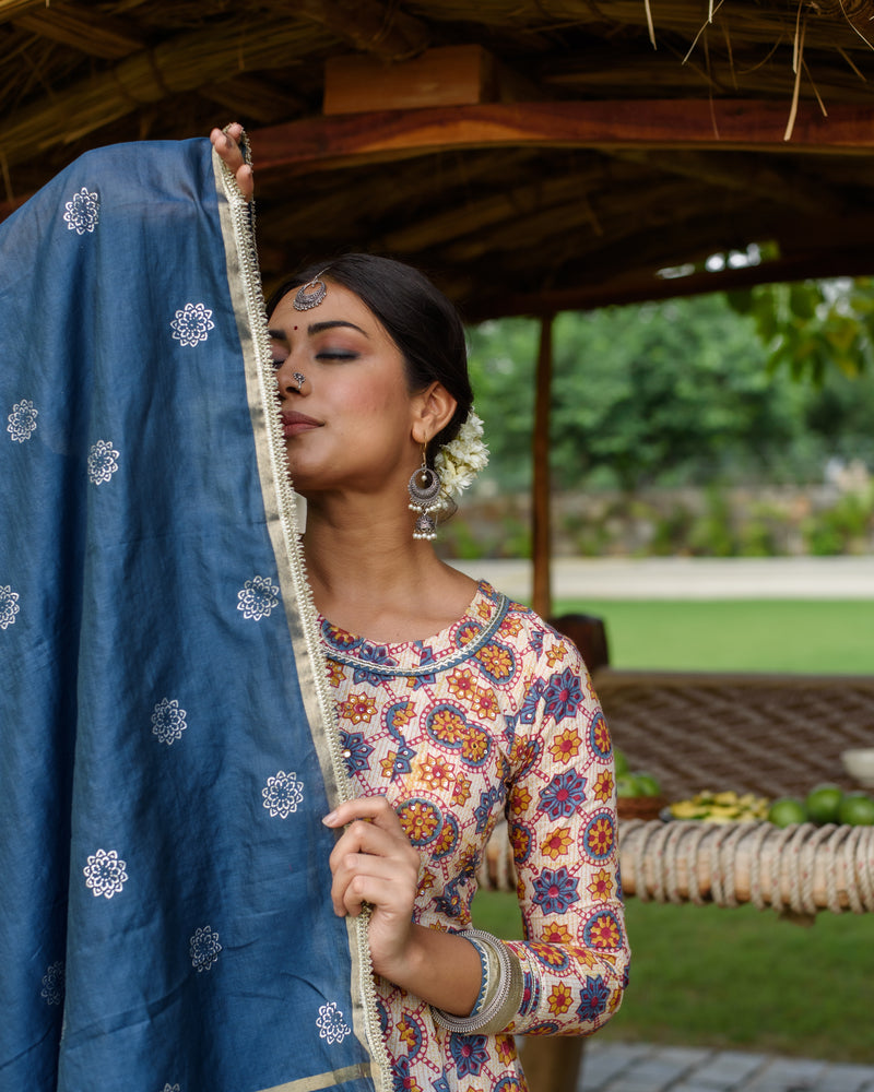 Blue Cotton Round neck  Kurta Pant Set with Dupatta