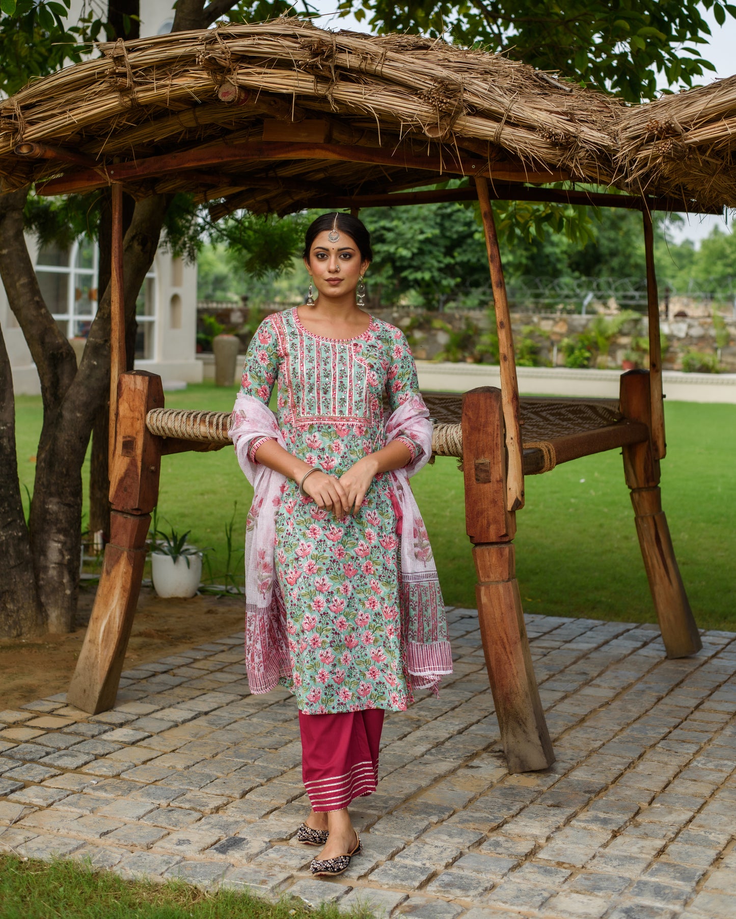 Sea Green Cotton A-line Kurta Dupatta Set For Women's