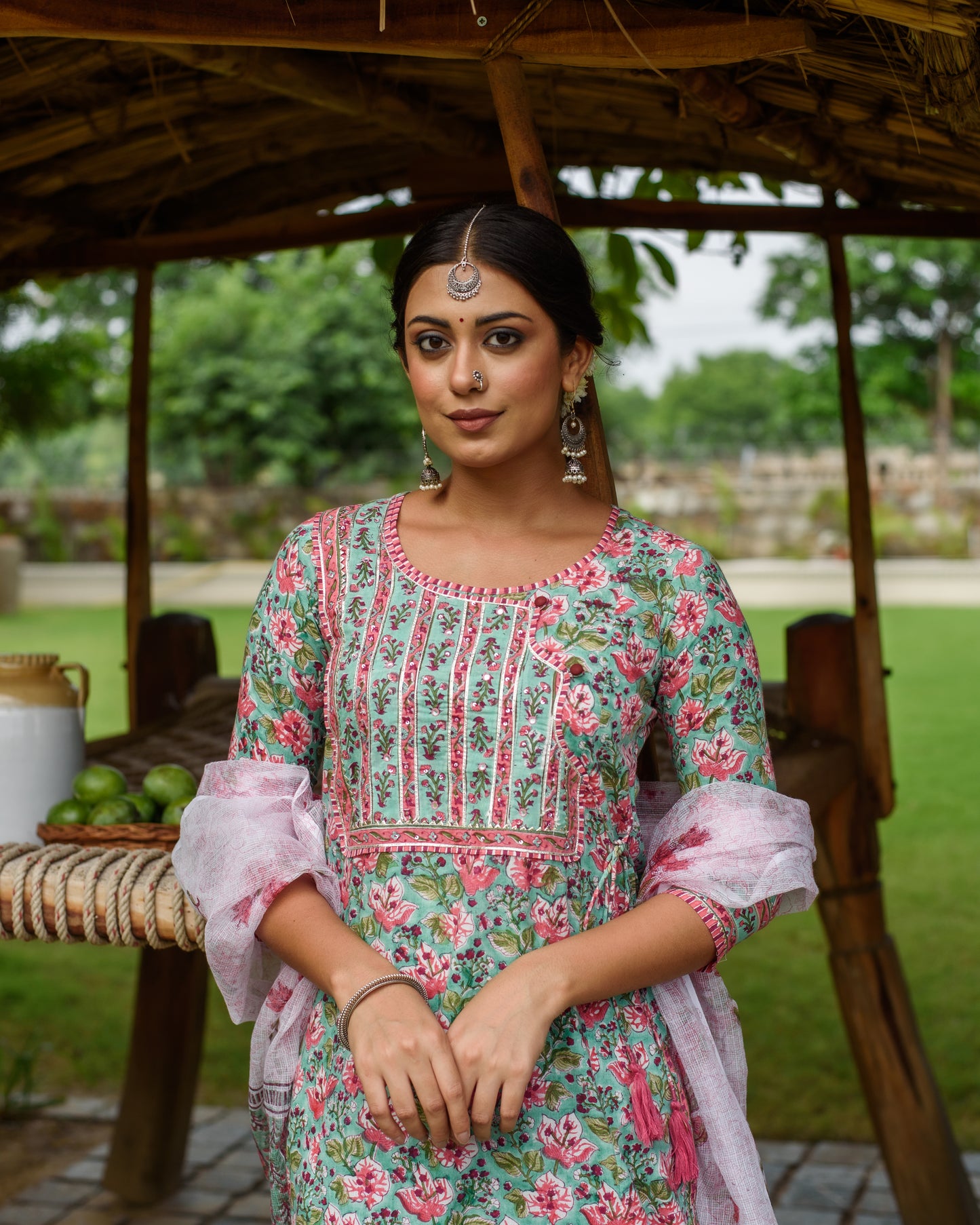 Sea Green Cotton A-line Kurta Dupatta Set For Women's