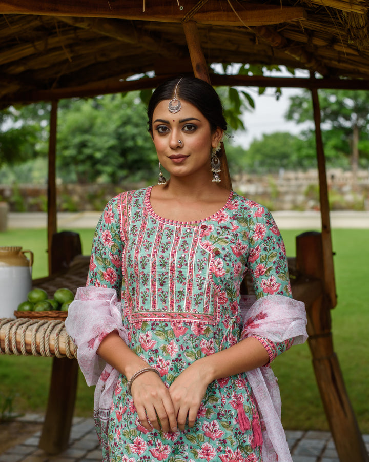 Sea Green Cotton A-line Kurta Dupatta Set For Women's