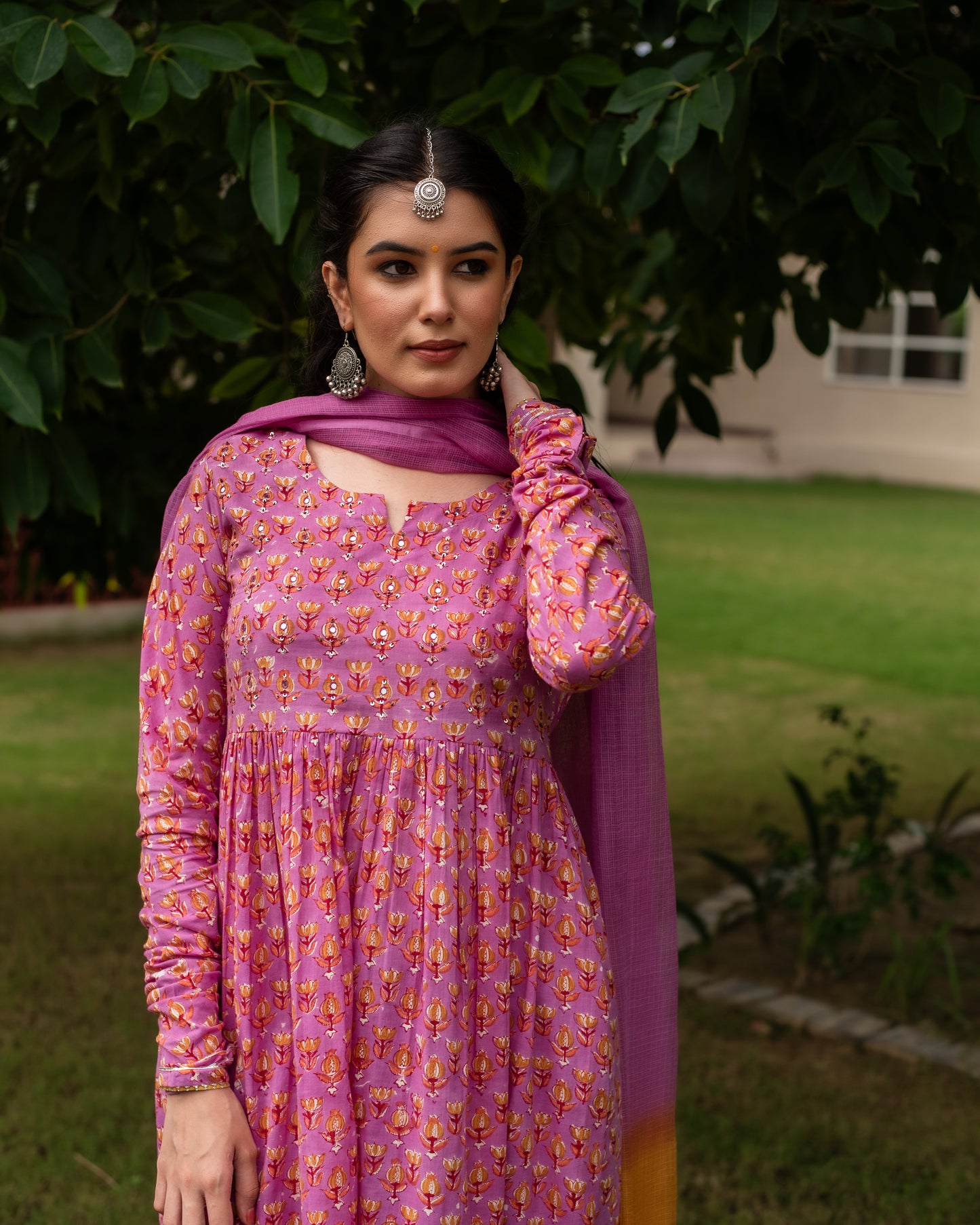 Onion Pink Cotton Kalidar Kurta Dupatta Set For Women's