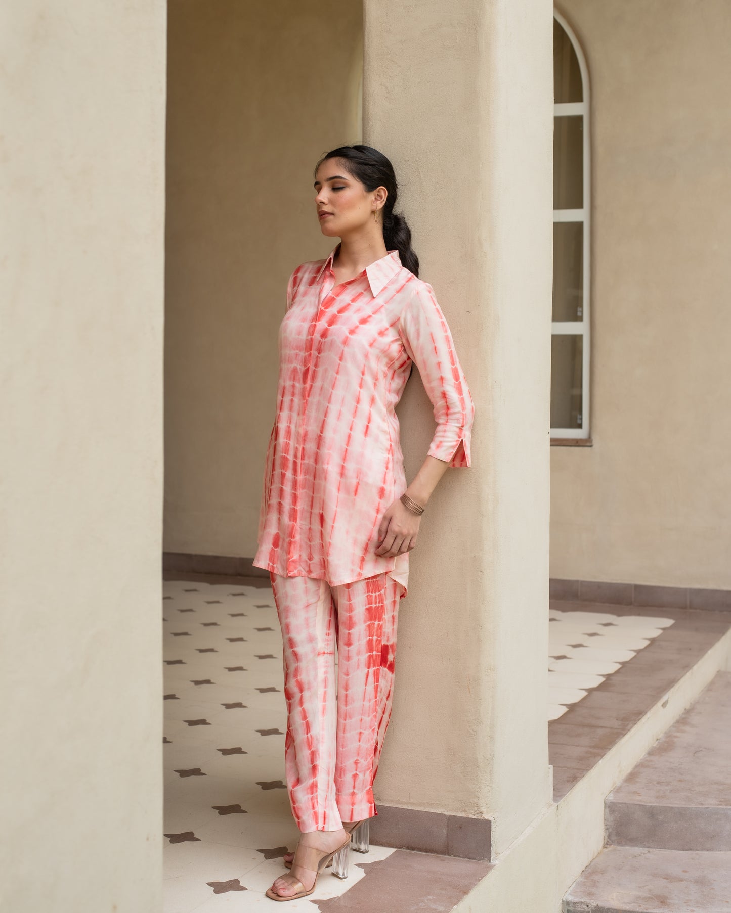 Orange Lehriya With Tie & Dye Muslin Shirt Collar Co-Ord Set For Women's