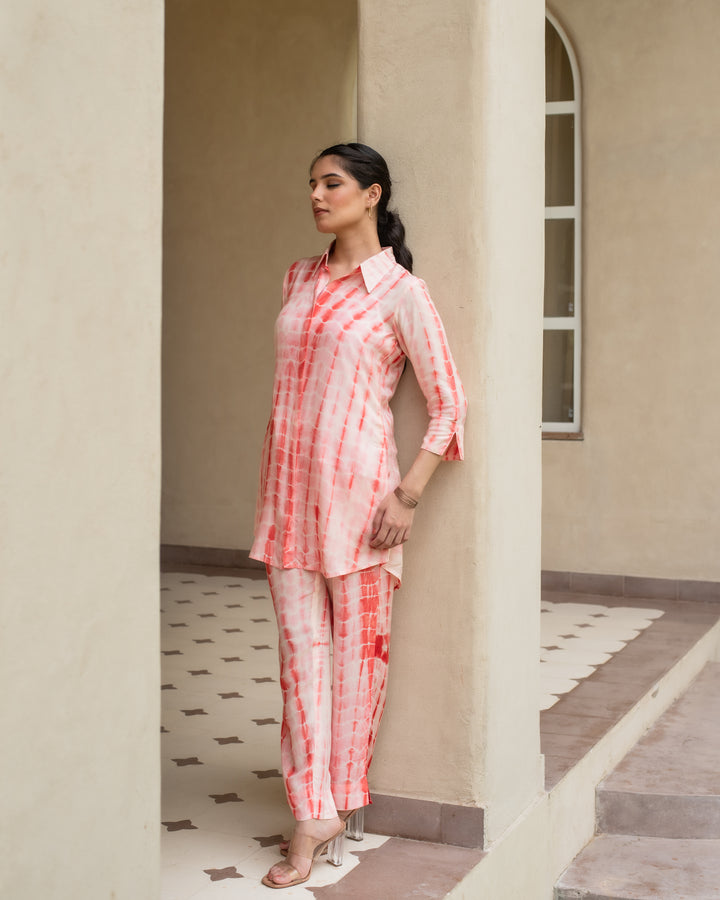 Orange Lehriya With Tie & Dye Muslin Shirt Collar Co-Ord Set For Women's