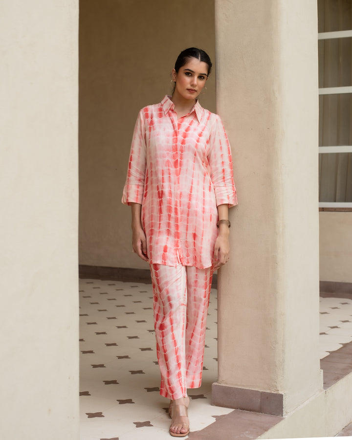 Orange Lehriya With Tie & Dye Muslin Shirt Collar Co-Ord Set For Women's