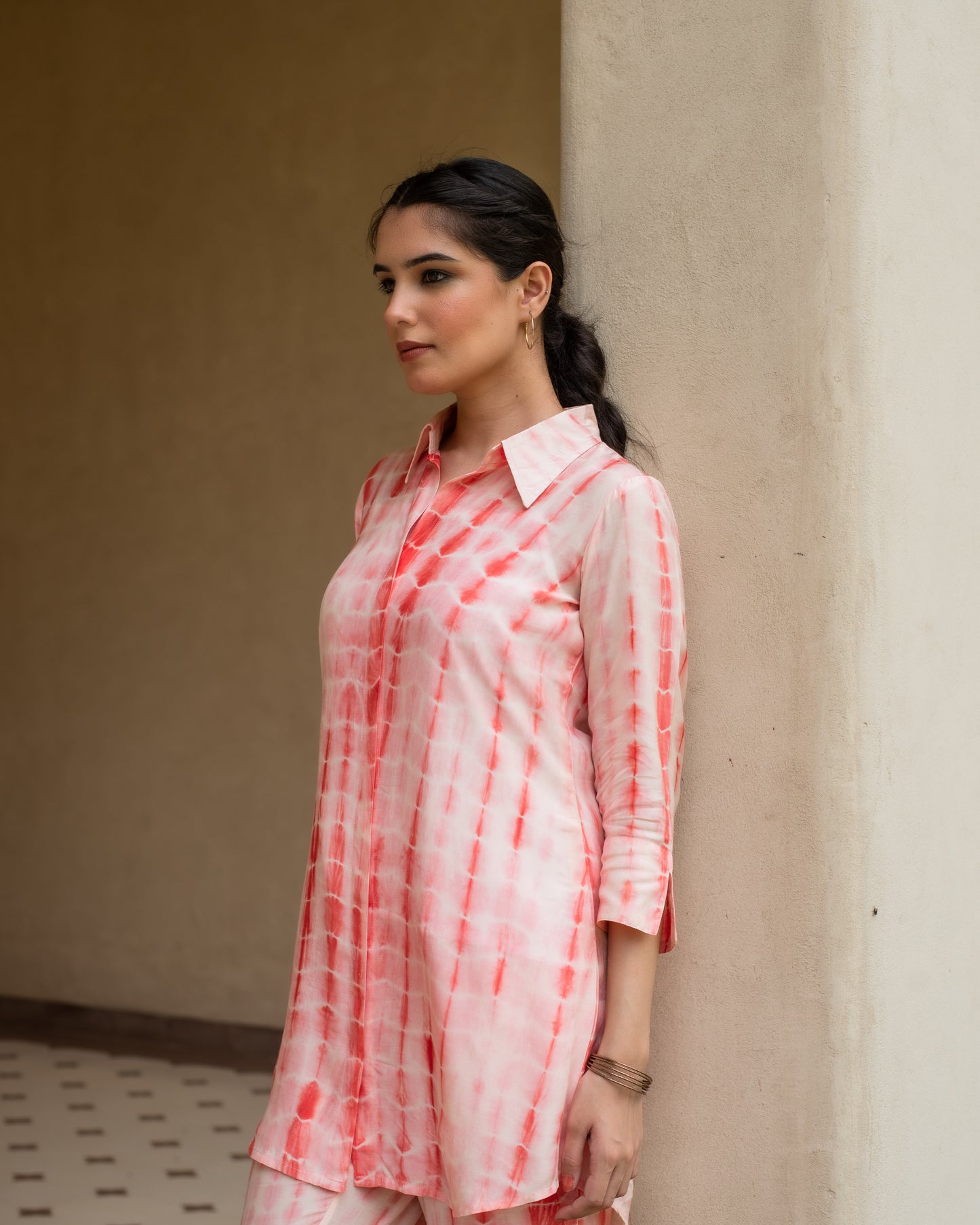 Orange Lehriya With Tie & Dye Muslin Shirt Collar Co-Ord Set For Women's
