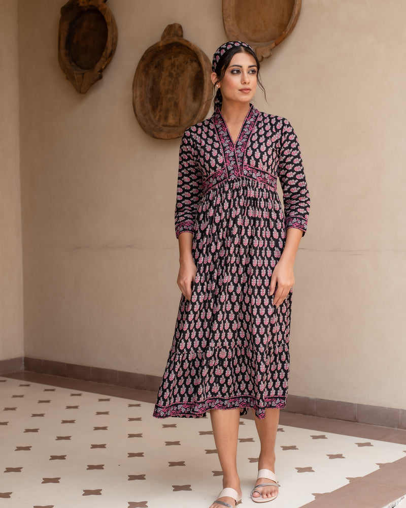 Black Cotton V-Neck Dress For Women's