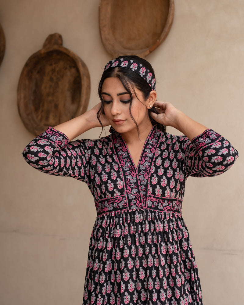Black Cotton V-Neck Dress For Women's