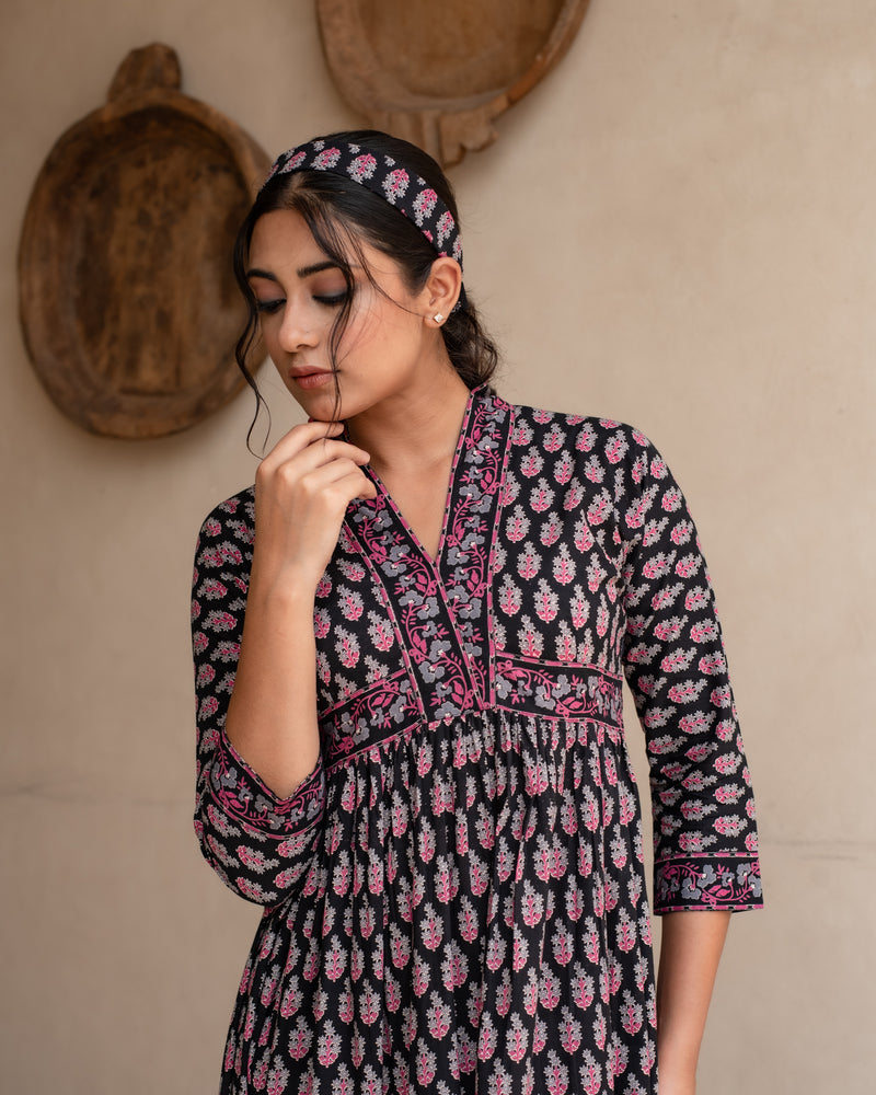 Black Cotton V-Neck Dress For Women's