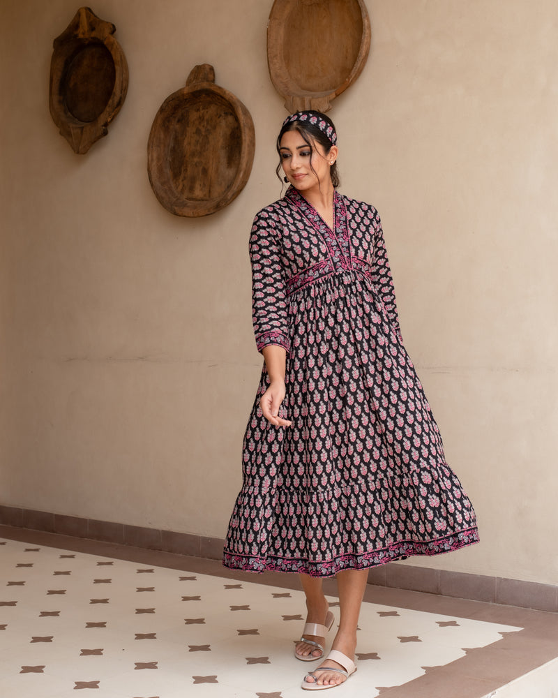 Black Cotton V-Neck Dress For Women's