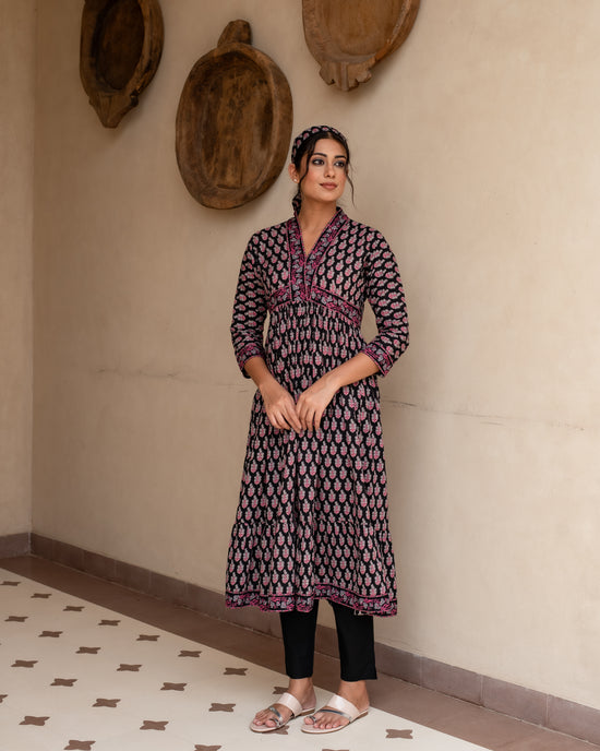 Black Cotton V-Neck Dress For Women's