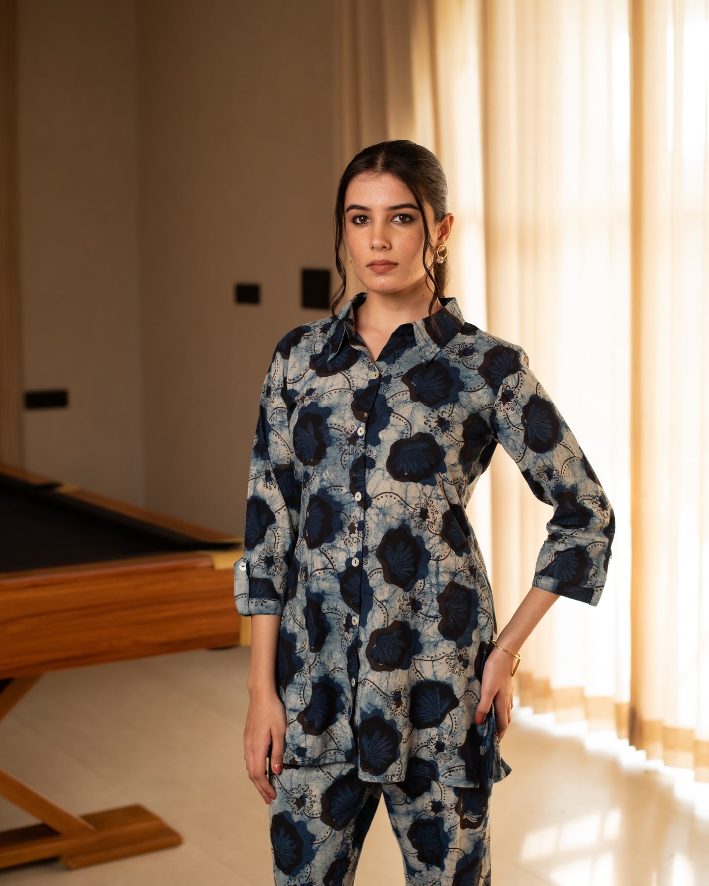 Grey And Blue Cotton Collar Neck Handblock Co-Ord Set For Women's