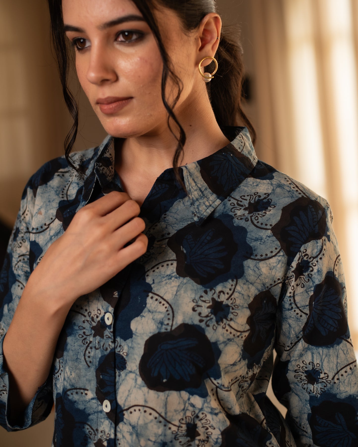 Grey And Blue Cotton Collar Neck Handblock Co-Ord Set For Women's